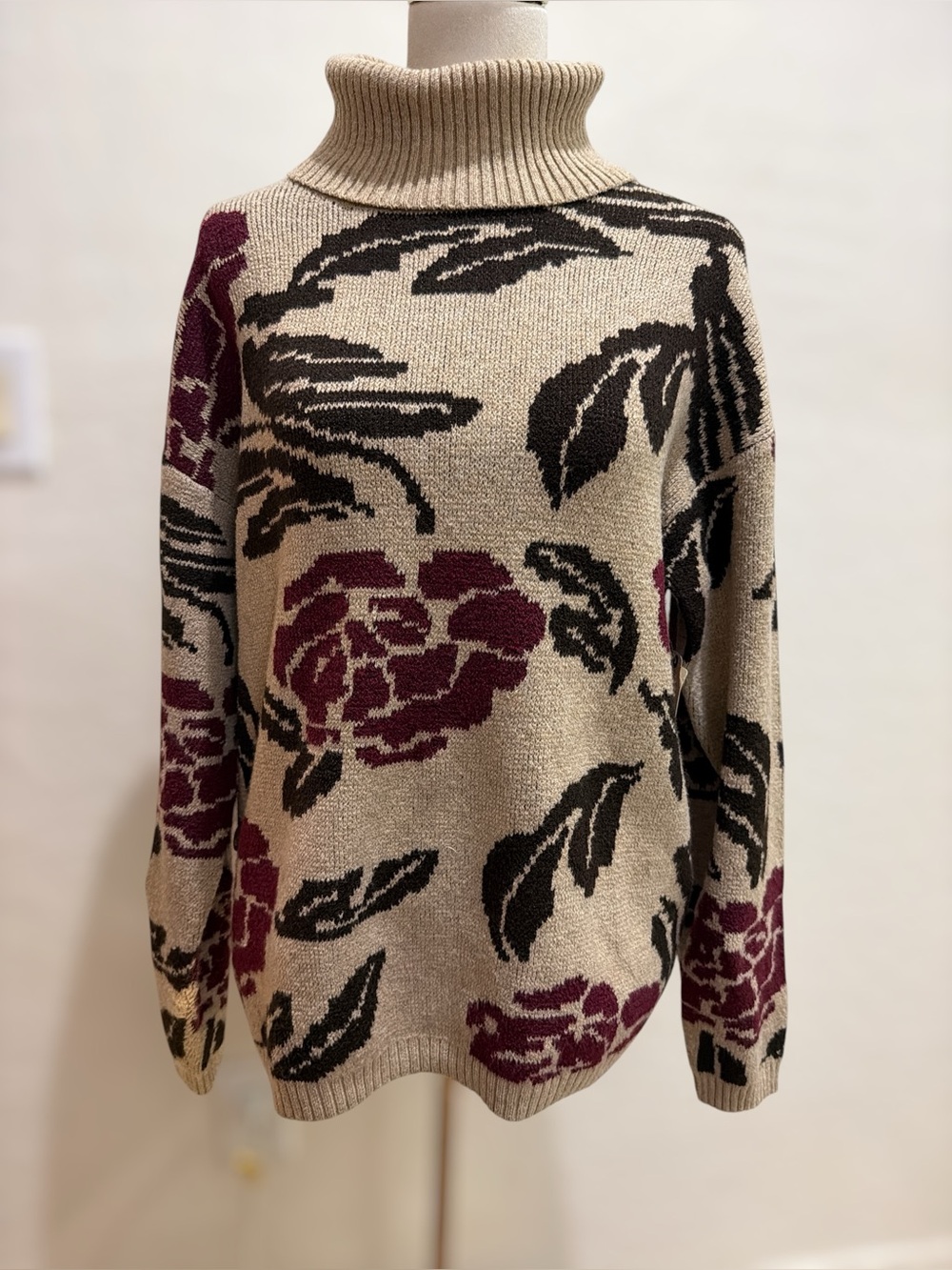 St. John’s Bay XL Floral Turtleneck Sweater Cottagecore Rose Knit NWT